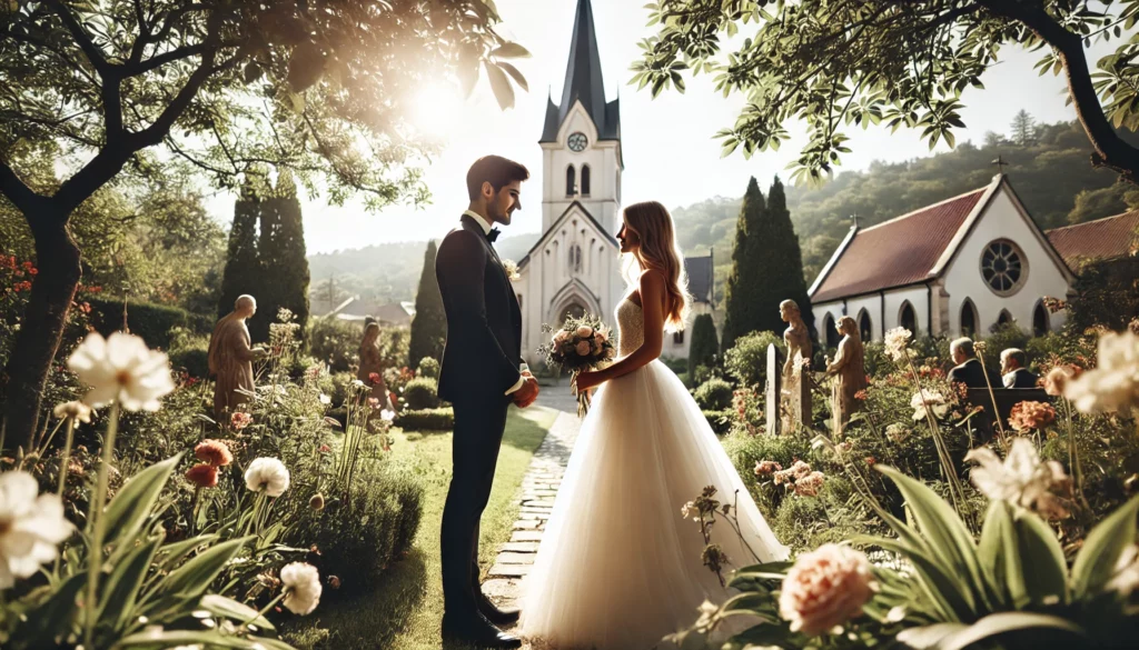 A wide shot of a bride and groom seeing each other for the first time before the wedding ceremony in a church garden.