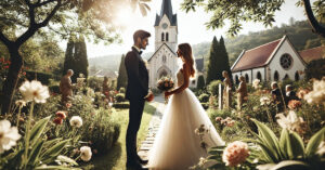 A wide shot of a bride and groom seeing each other for the first time before the wedding ceremony in a church garden. - Featured Image - 1200x628