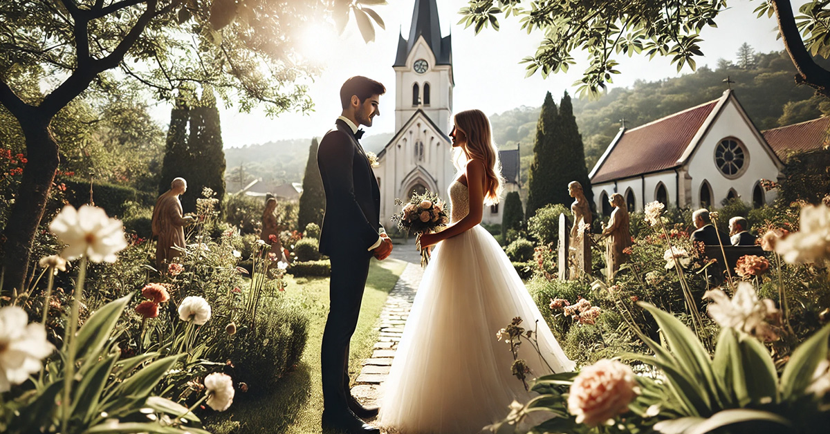 A wide shot of a bride and groom seeing each other for the first time before the wedding ceremony in a church garden. - Featured Image - 1200x628